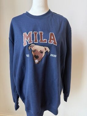 Navy Crewneck Sweatershirt with Dog Embroidery